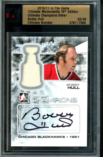 compare product 2010 In The Game Ultimate Bobby Hull Champions Silver Autograph Relic /9 Blackhawks
