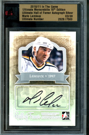 compare product 2010 In The Game Ultimate Mario Lemieux Hall of Famer Autograph Silver /9 Penguins