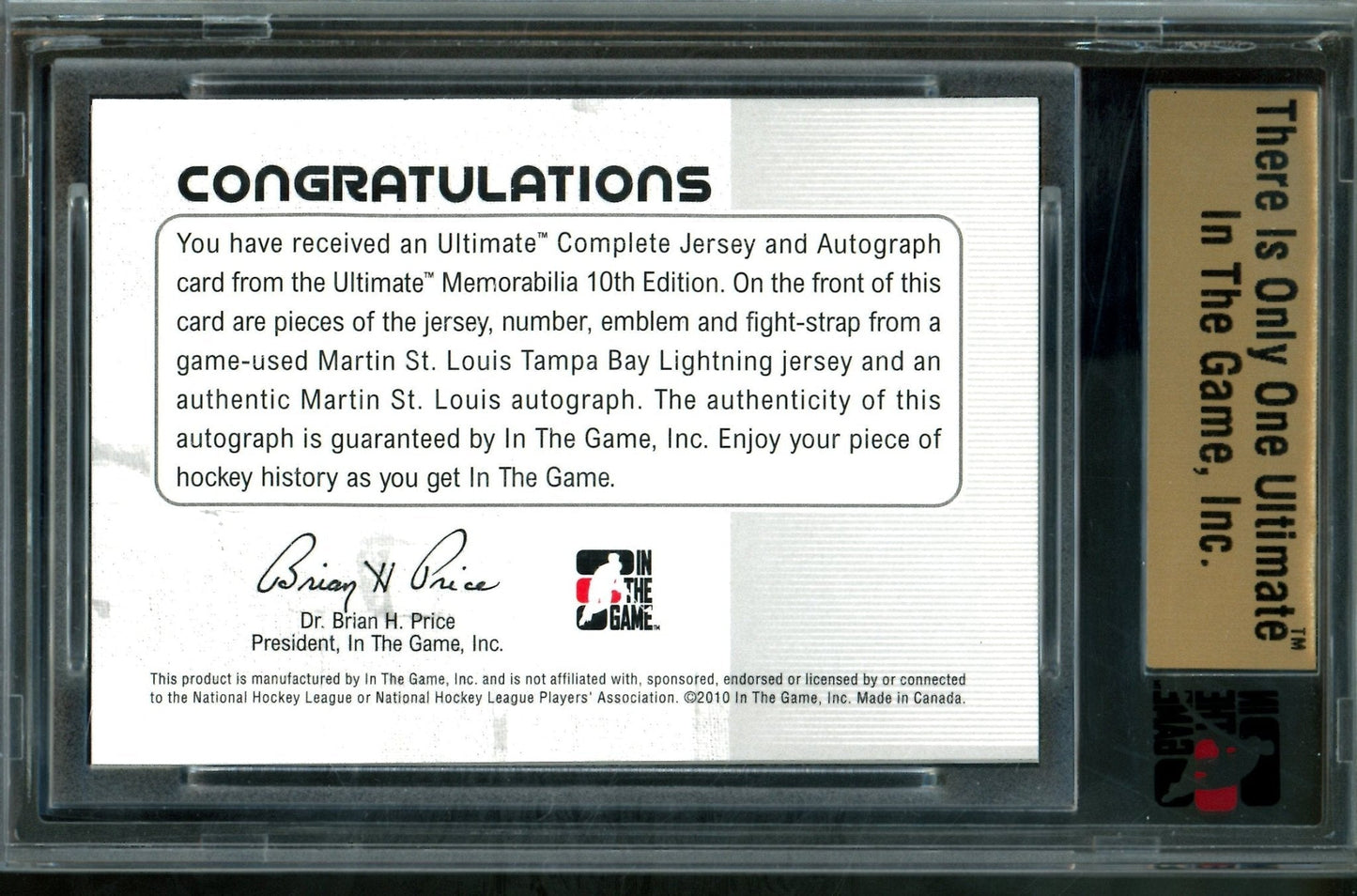 2010 In The Game Ultimate Martin St Louis Complete Jersey and Autograph /9 Lightning
