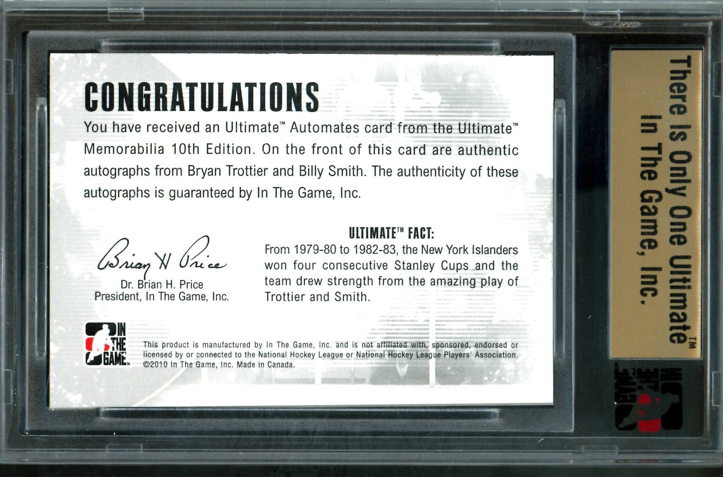 2010 In The Game Ultimate Bryan Trottier / Billy Smith Automates Silver Autographs /19 Islanders