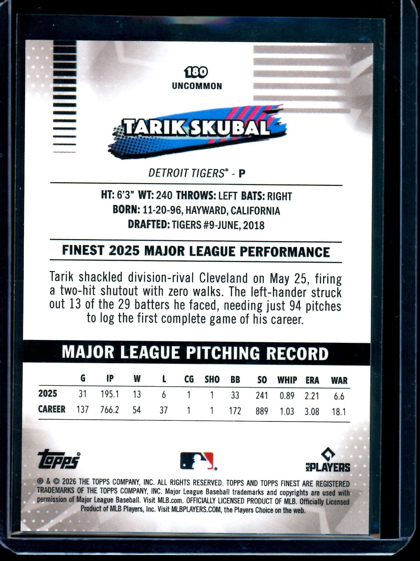 2026 Topps Finest Tarik Skubal Gold Refractor /50 Tigers