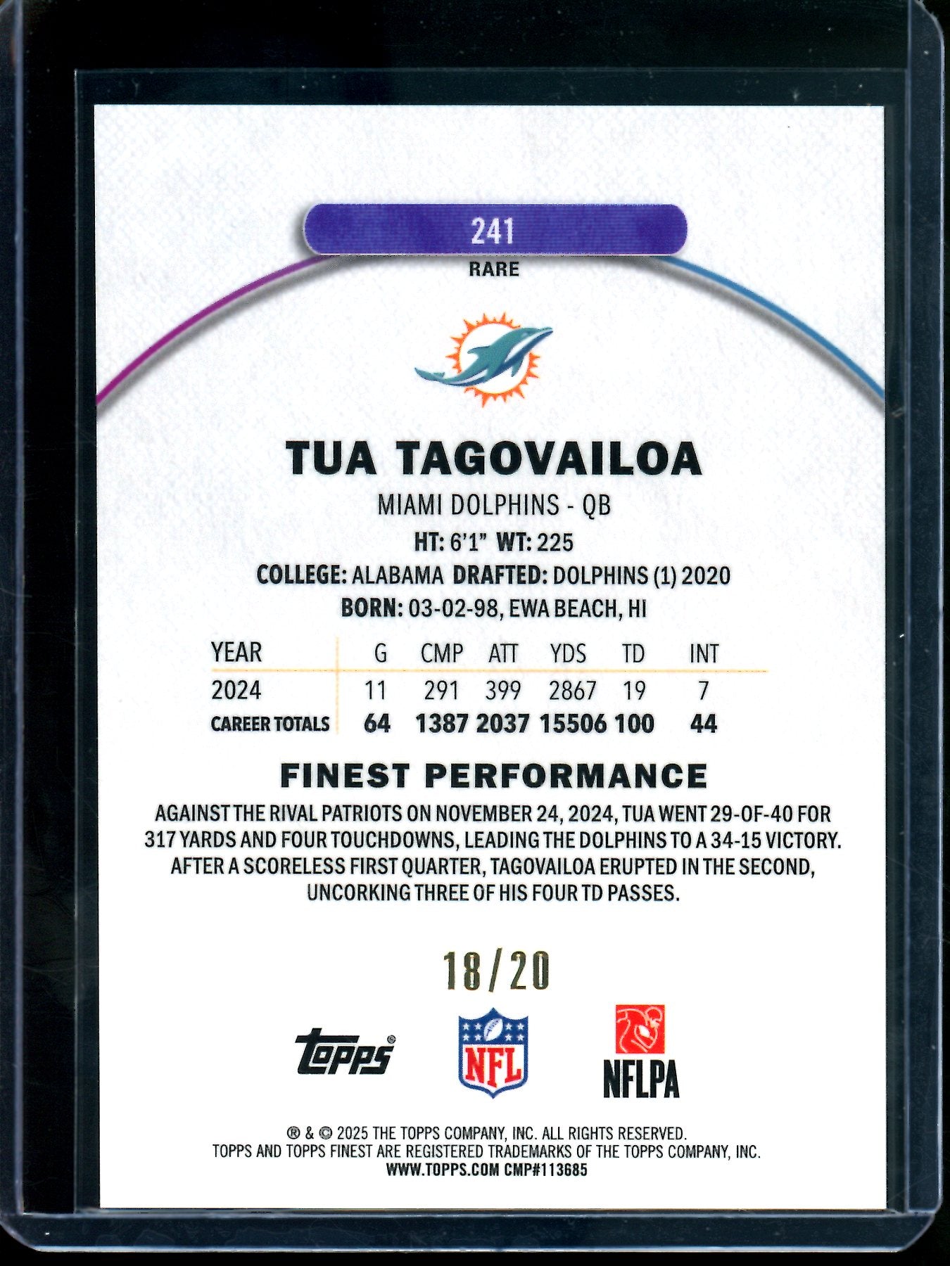 2025 Topps Finest Tua Tagovailoa Gold Rare /20 Dolphins