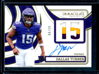 compare product 2024 Panini Immaculate Dallas Turner Rookie Patch Autograph /99 Vikings
