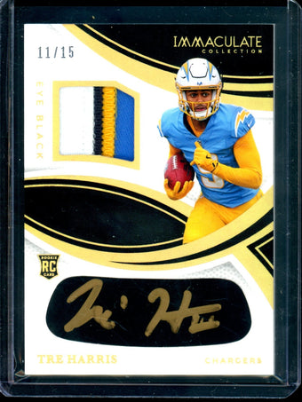 compare product 2025 Panini Immaculate Tre Harris Gold Eye Black Patch Autograph /15 Chargers