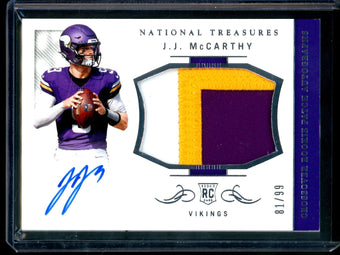 compare product 2024 Panini National Treasures JJ McCarthy Crossover Rookie Patch Autograph /99 Vikings