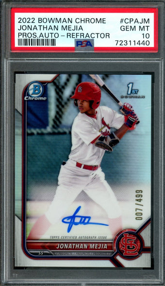 compare product 2022 Topps Chrome Jonathan Mejia 1st Refractor Autograph /499 PSA 10 Cardinals