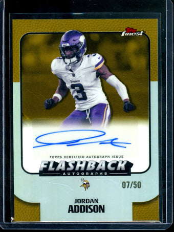 compare product 2025 Topps Finest Jordan Addison Flashback Autograph Gold /50 Vikings