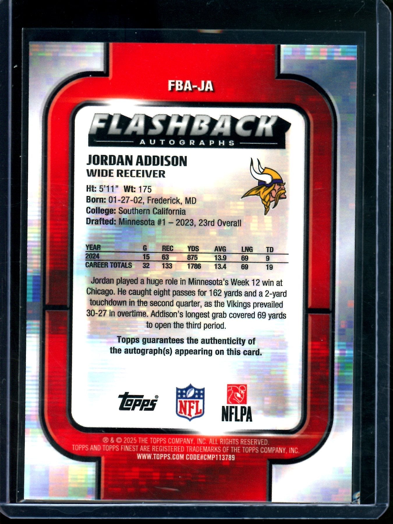 2025 Topps Finest Jordan Addison Flashback Autograph Gold /50 Vikings