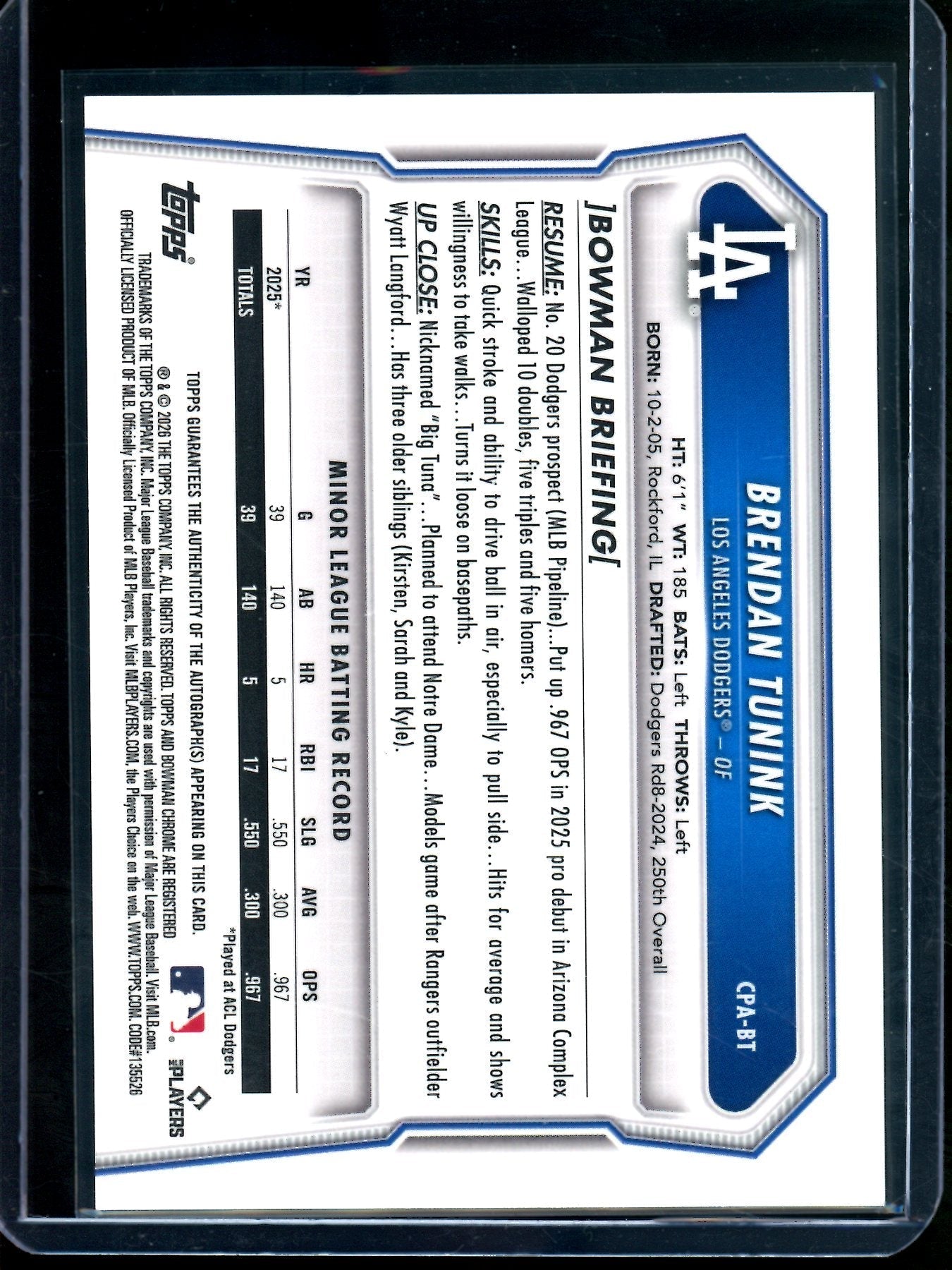 2026 Bowman Chrome Brendan Tunink 1st Green Autograph /99 Dodgers