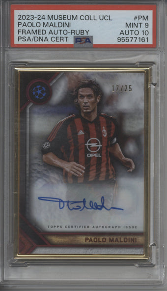 compare product 2023-24 Topps Museum UEFA Paolo Maldini Framed Auto Gold Refractor 17/25 PSA 9 Auto 10