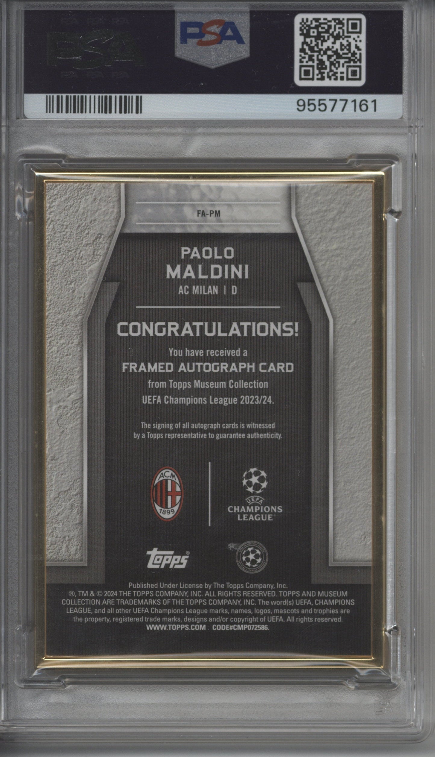 2023-24 Topps Museum UEFA Paolo Maldini Framed Auto Gold Refractor 17/25 PSA 9 Auto 10