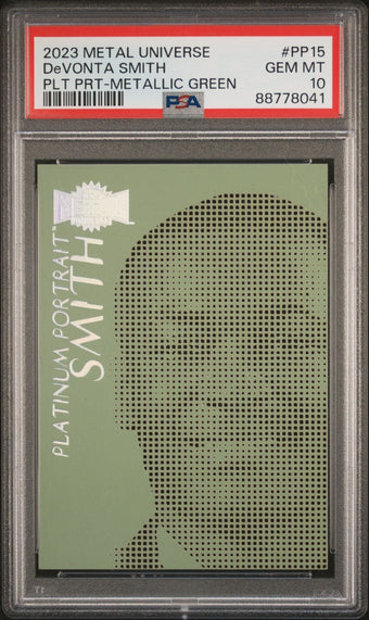 compare product DeVonta Smith 2023 Skybox Metal Universe Platinum Portraits Metallic Green PSA 10