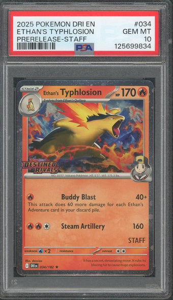 compare product 2025 POKEMON DRI EN DESTINED RIVALS 034 ETHAN'S TYPHLOSION PRERELEASE-STAFF PSA 10