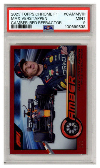 compare product 2023 Topps Chrome F1 Max Verstappen Camber Red Refractor #2/5 PSA 9