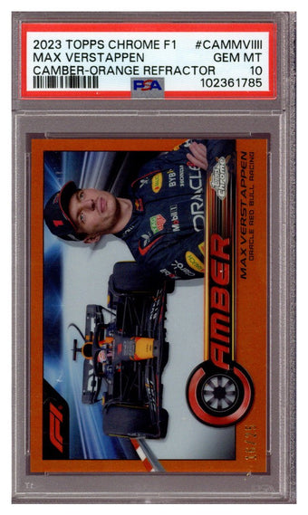 compare product 2023 Topps Chrome F1 Max Verstappen Camber Orange Refractor 16/25 PSA 10