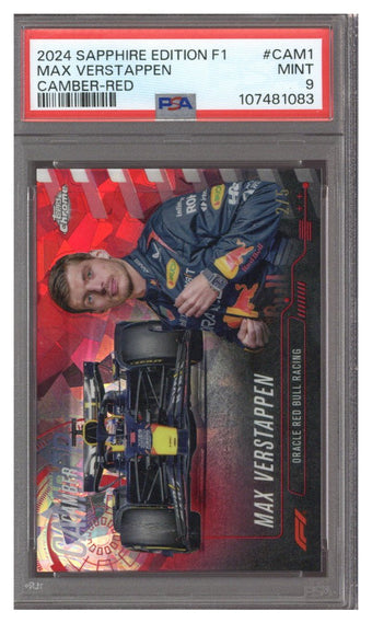 compare product 2024 Topps Chrome Sapphire F1 MAX VERSTAPPEN Camber Red 2/5 PSA 9