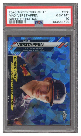 compare product 2020 TOPPS CHROME MAX VERSTAPPEN SAPPHIRE F1 #158 70TH REFRACTOR 45/70 PSA 8