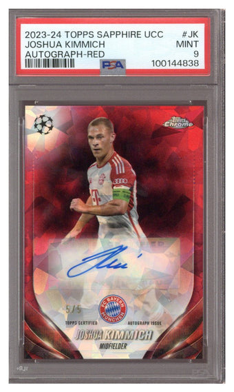 compare product 2023 Topps Chrome Sapphire UEFA Joshua Kimmich Auto Red 5/5 PSA 9