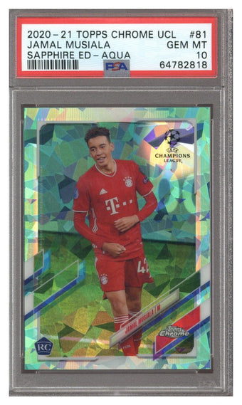 compare product 2020 Topps Chrome UEFA Sapphire Aqua Jamal Musiala ROOKIE /150 #81 PSA 10