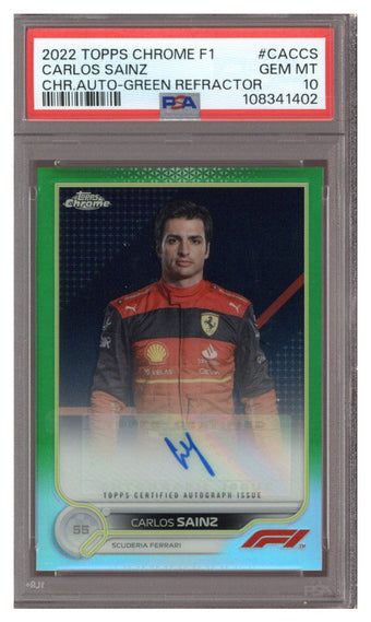 compare product 2022 TOPPS F1 CHROME GREEN REFRACTOR CARLOS SAINZ 74/99 PSA 10 AUTO