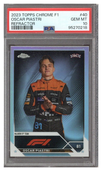 compare product 2023 TOPPS CHROME F1 #40 OSCAR PIASTRI REFRACTOR PSA 10