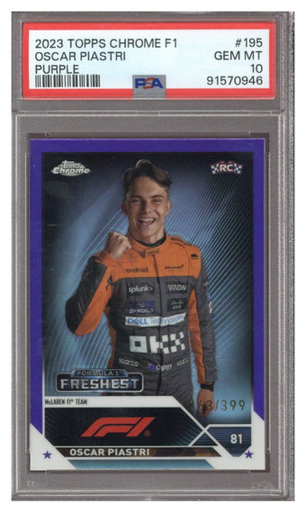 compare product 2023 TOPPS CHROME F1 PURPLE REFRACTOR #195 OSCAR PIASTRI 163/399 PSA 10