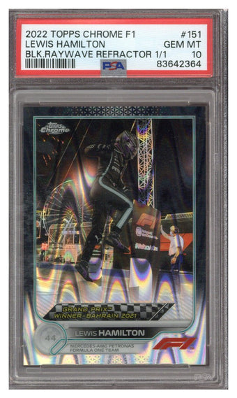 compare product 2022 Topps Chrome F1 Lewis Hamilton Black Raywave #1/1 #151 PSA 10