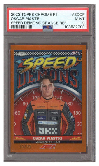 compare product 2023 Topps Chrome F1 Oscar Piastri Speed Demons RC Orange Refractor 15/25 PSA 9