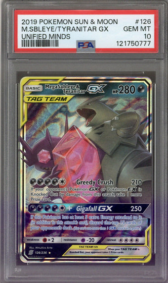 compare product 2019 Pokemon Unified Minds Mega Sableye & Tyranitar Tag Team GX 126/236 PSA 10