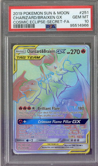 compare product 2019 Pokemon Cosmic Eclipse Charizard & Braixen GX Tag Team Secret 251/236 PSA 10
