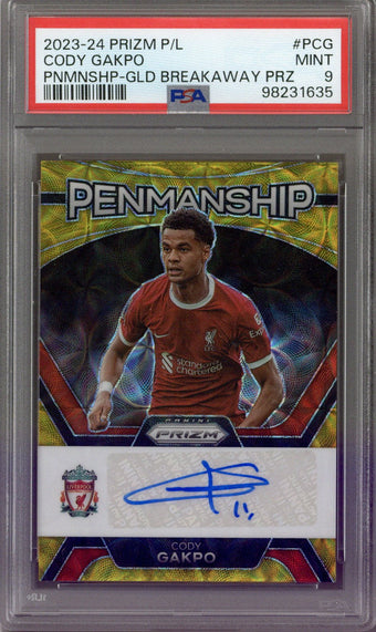 compare product 2023-24 Panini Prizm Cody Gakpo Gold Breakaway Penmanship Auto 1/10 PSA 9