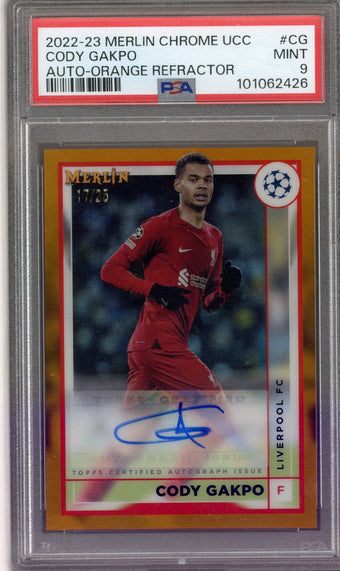 compare product 2022-23 Topps Merlin Cody Gakpo Auto Orange 17/25 PSA 9 Liverpool Netherlands