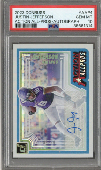 compare product 2023 Panini Donruss Justin Jefferson Action All Pros Auto /50 PSA 10