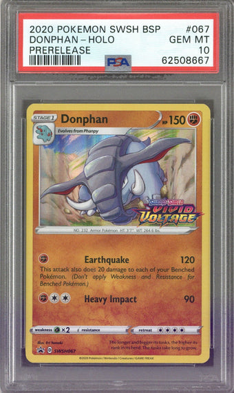 compare product 2020 POKEMON SWSH DONPHAN - HOLO PRERELEASE #067 PSA 10 - EU