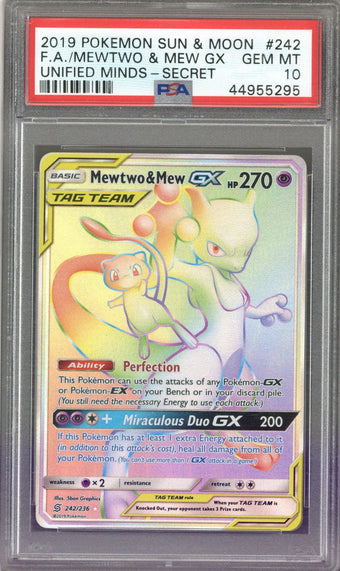 compare product 2019 POKEMON SUN & MOON F.A./MEWTWO & MEW GX UNIFIED MINDS - SECRET #242 PSA 10 - EU