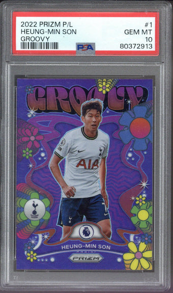compare product 2022 Panini Prizm Premier League Heung-Min Son Groovy #1 PSA 10