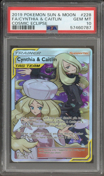 compare product 2019 Pokemon S&M FA/Cynthia & Caitlin Cosmic Eclipse #228 PSA 10