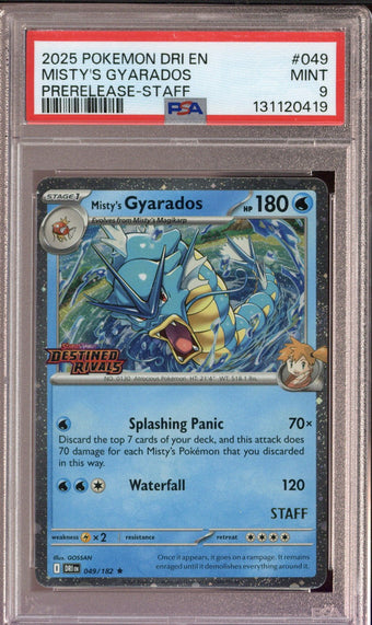 compare product 2025 Pokemon Destined Rivals Misty's Gyarados Prerelease Staff 049/182 PSA 9