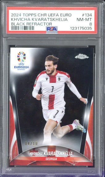 compare product 2024 Topps Chrome UEFA EURO Khvicha Kvaratskhelia Black Refractor /10 #134 PSA 8