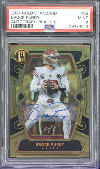 compare product 2024 Panini Gold Standard Brock Purdy Autograph-Black 1/1 #85 PSA 9