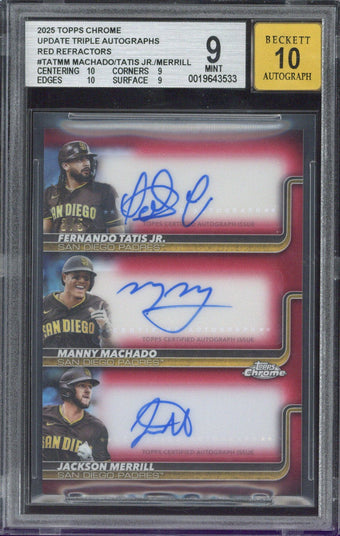 compare product 2025 Topps Chrome Updates Baseball Tatis Jr. / Machado / Merrill Triple Autograph /5 BGS 9 AUTO 10