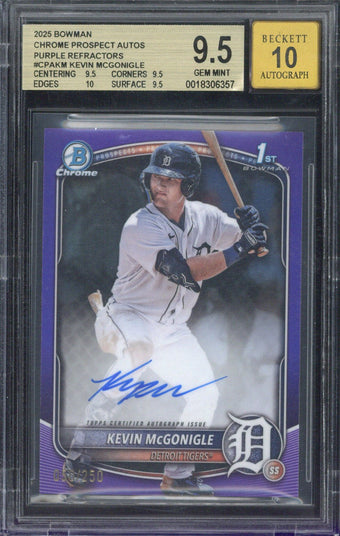 compare product 2025 Topps Bowman Chrome Kevin McGonigle Autograph /250 CPA-KM BGS 9.5 AUTO 10