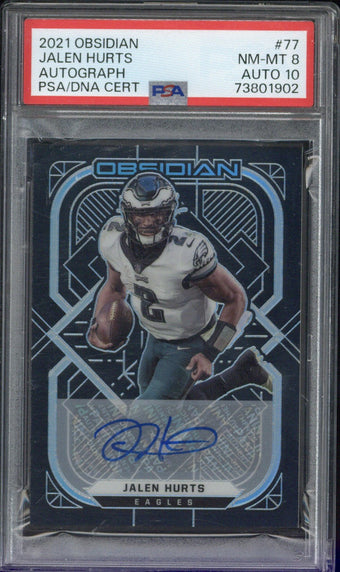 compare product 2021 Panini Obsidian Jalen Hurts Autograph /25 #77 PSA 8 AUTO 10