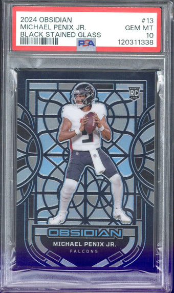 compare product 2024 Panini Obsidian Michael Penix Jr. Black Stained Glass #13 PSA 10
