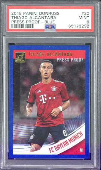 compare product 2018 Panini Donruss Thiago Alcantara Press Proof - Blue /5 #20 PSA 9