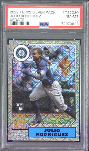 compare product 2022 Topps Chrome Silver Pack Julio Rodriguez RC #T87C30 PSA 8