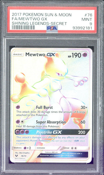 compare product 2017 Pokemon Sun & Moon Shining Legends FA/Mewtwo GX #76 PSA 9