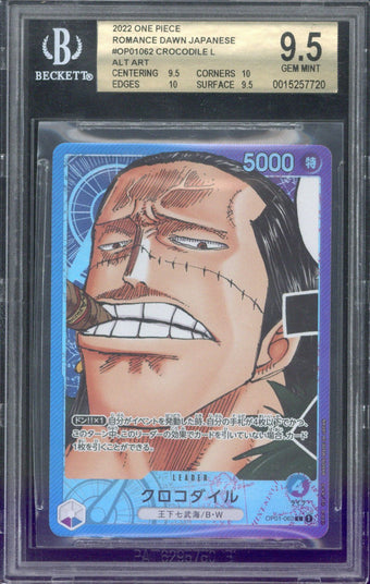 compare product 2022 One Piece Romance Dawn JP Crocodile L #OP01-062 BGS 9.5