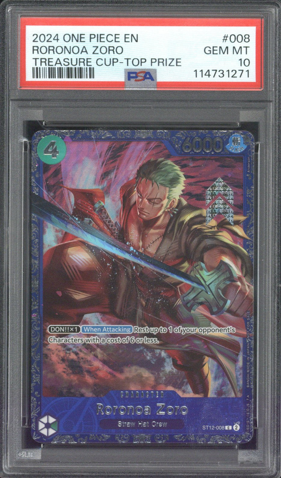 2024 One Piece EN Roronoa Zoro Treasure Cup-Top Prize #008 PSA 10