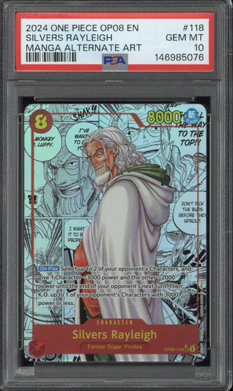 compare product 2024 One Piece OP08 EN Silvers Rayleigh Manga Alternate Art #118 PSA 10
